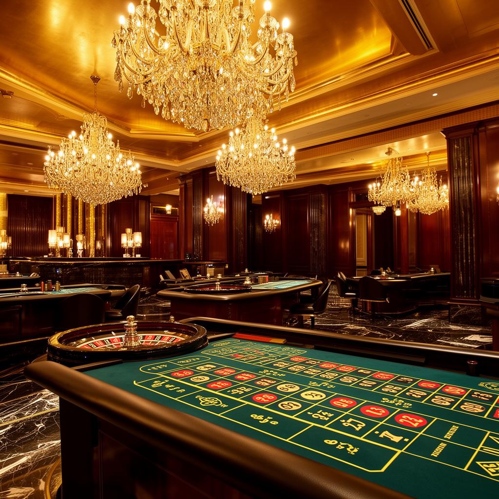Luxury casino interior with crystal chandeliers